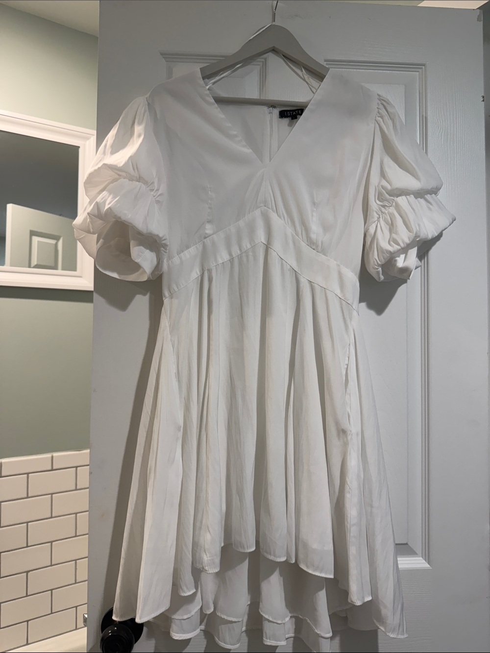 1. State White Puff Sleeve High-Low V-Neck Dress